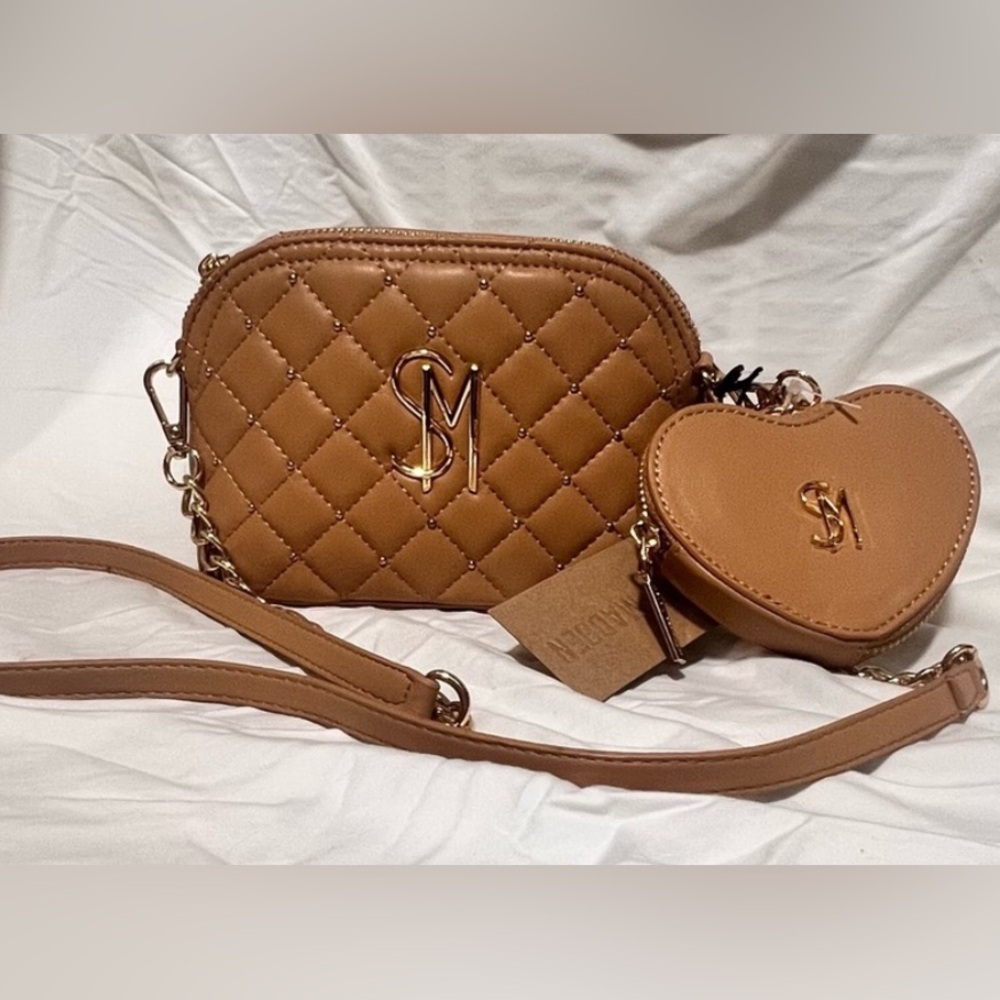 ✨NEW✨ Steve Madden Tan / Brown Quilted Crossbody Bag w/ Heart Charm Wallet - Picture 2 of 10